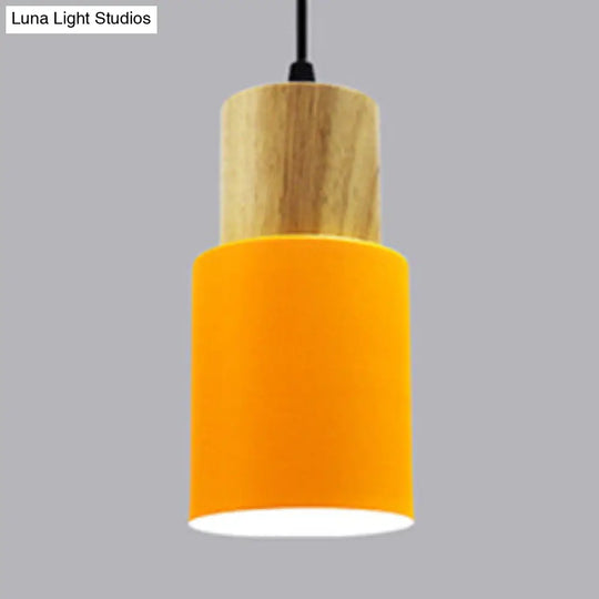 Modern Metal And Wood Pendant Light For Office Or Hallway With 1 Cylindrical Hanging Lamp Yellow