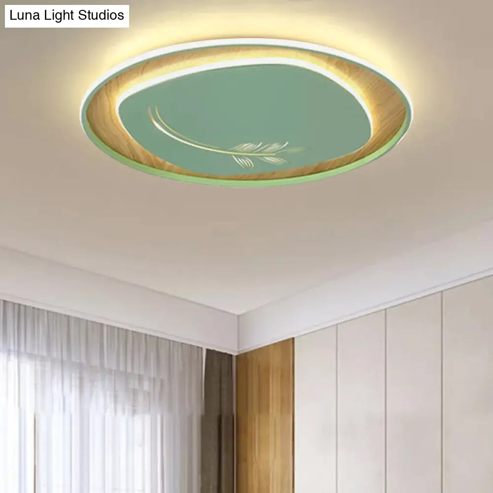 Modern Metal Arc Square Flush Light With Led Black/Grey/Green Ceiling Round Wood Canopy - 16/19.5