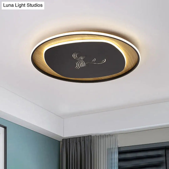 Modern Metal Arc Square Flush Light With Led Black/Grey/Green Ceiling Round Wood Canopy - 16/19.5