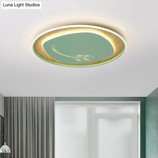 Modern Metal Arc Square Flush Light With Led Black/Grey/Green Ceiling Round Wood Canopy - 16/19.5