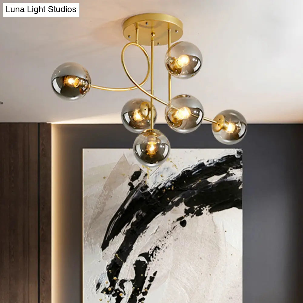 Modern Metal Armed Ceiling Chandelier - 6 Bulb Hanging Light Fixture With Black/Gold Finish And