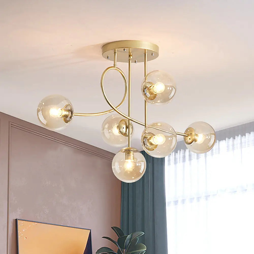 Modern Metal Armed Ceiling Chandelier - 6 Bulb Hanging Light Fixture With Black/Gold Finish And