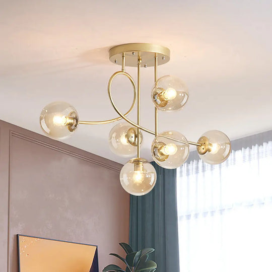 Modern Metal Armed Ceiling Chandelier - 6 Bulb Hanging Light Fixture With Black/Gold Finish And