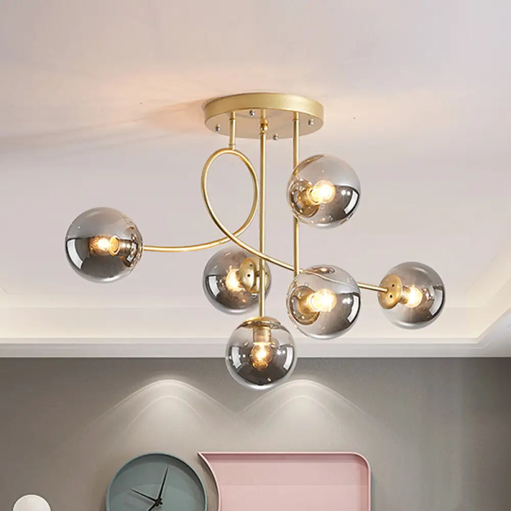 Modern Metal Armed Ceiling Chandelier - 6 Bulb Hanging Light Fixture With Black/Gold Finish And