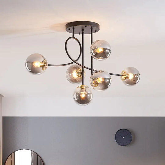 Modern Metal Armed Ceiling Chandelier - 6 Bulb Hanging Light Fixture With Black/Gold Finish And