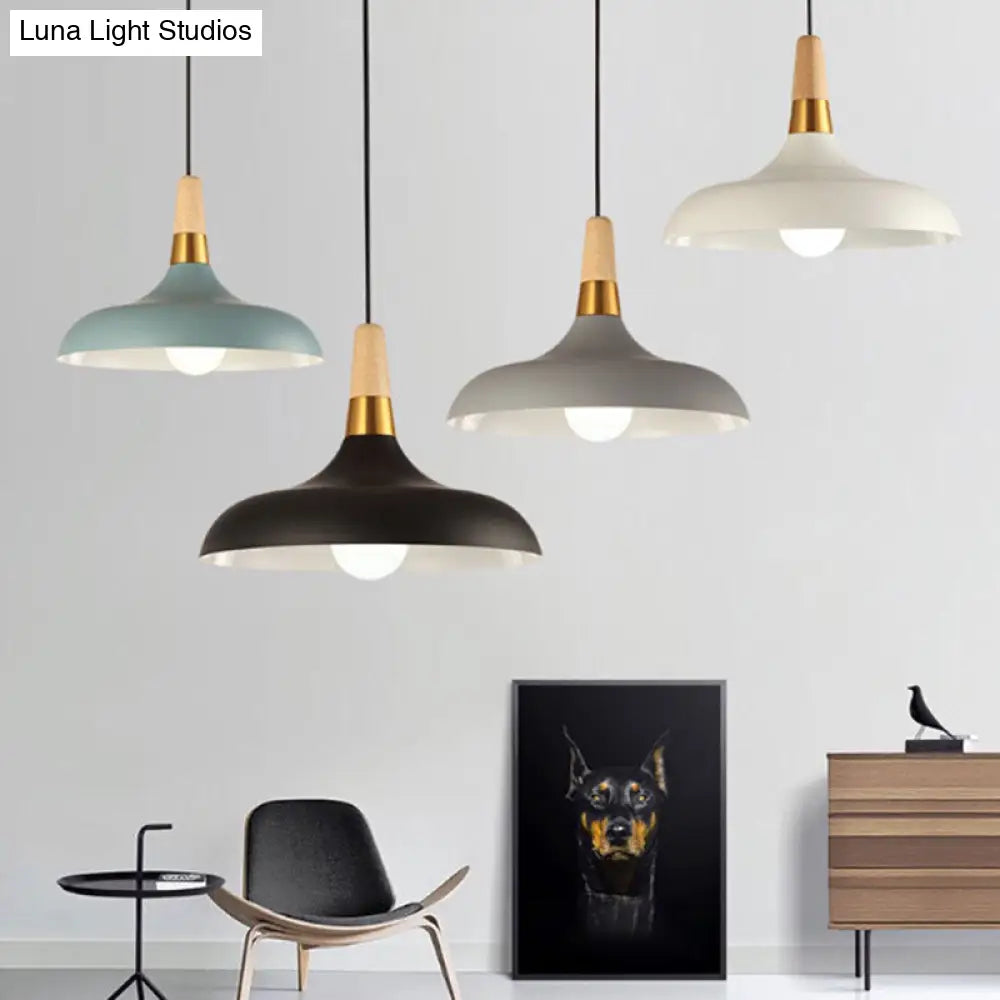 Modern Metal Barn Pendant Light With Wood Grip - 1-Light Ceiling Lamp