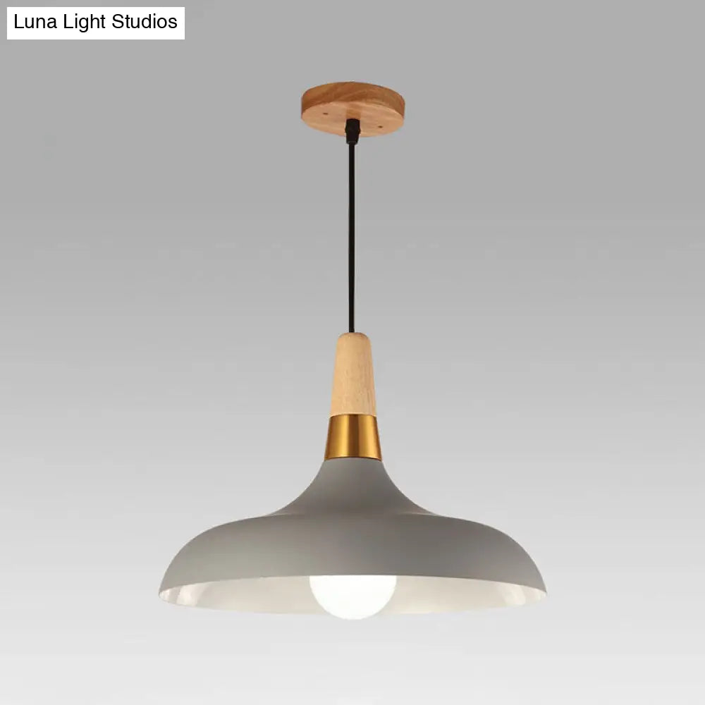 Modern Metal Barn Pendant Light With Wood Grip - 1-Light Ceiling Lamp Grey