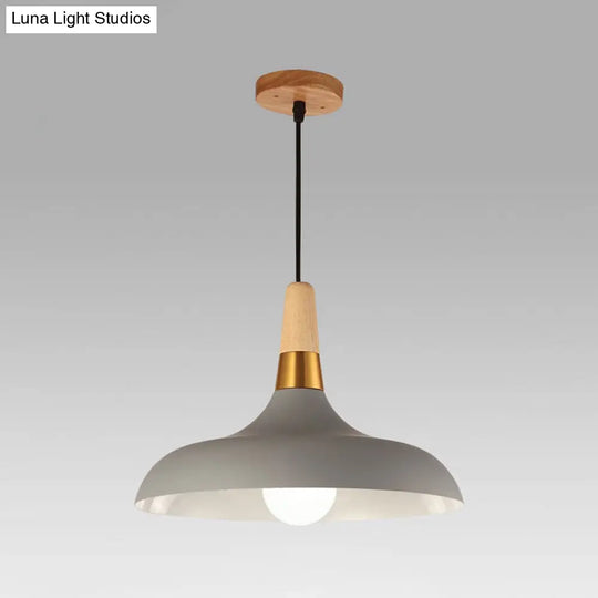 Modern Metal Barn Pendant Light With Wood Grip - 1-Light Ceiling Lamp Grey