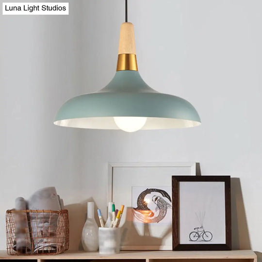 Modern Metal Barn Pendant Light With Wood Grip - 1-Light Ceiling Lamp Blue