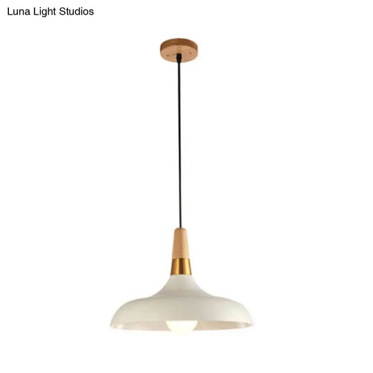 Modern Metal Barn Pendant Light With Wood Grip - 1-Light Ceiling Lamp White