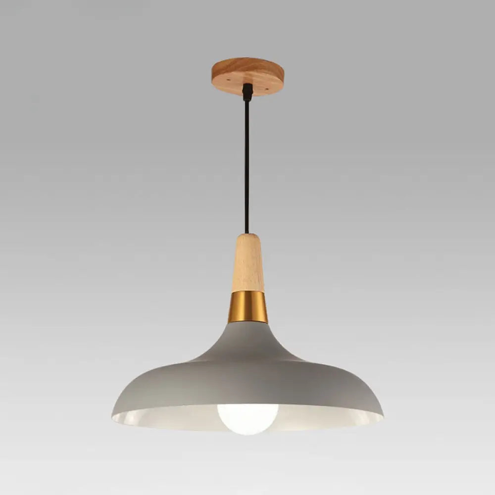 Modern Metal Barn Pendant Light With Wood Grip - 1-Light Ceiling Lamp Grey