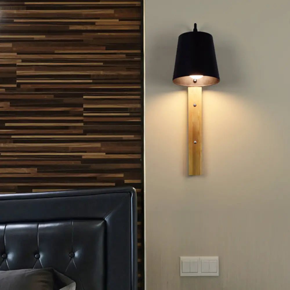 Modern Metal Bell Wall Lamp - 1 Head Black/White Sconce Light Fixture With Wood Backplate Black