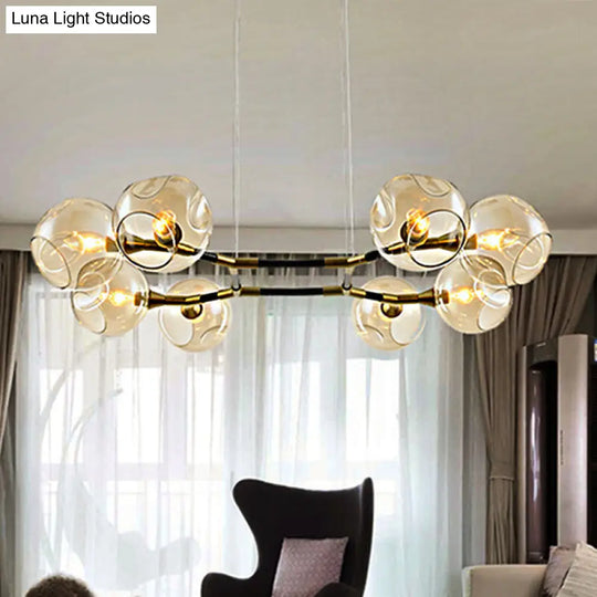 Modern Metal Multi-Light Branch Chandelier Pendant Lamp With Amber Blown Glass Ball Shade