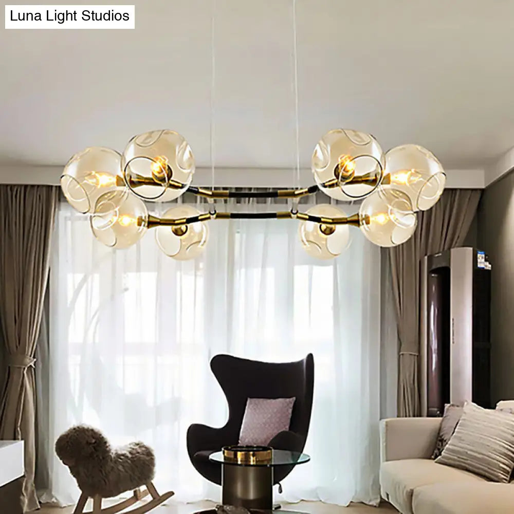 Modern Metal Multi-Light Branch Chandelier Pendant Lamp With Amber Blown Glass Ball Shade