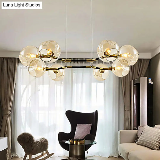 Modern Metal Multi-Light Branch Chandelier Pendant Lamp With Amber Blown Glass Ball Shade