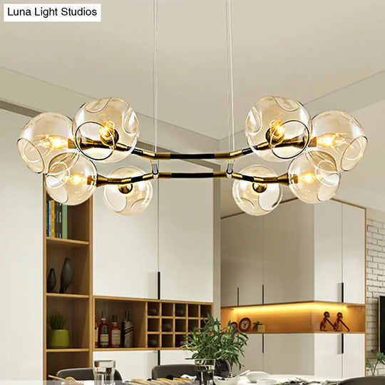 Modern Metal Multi-Light Branch Chandelier Pendant Lamp With Amber Blown Glass Ball Shade