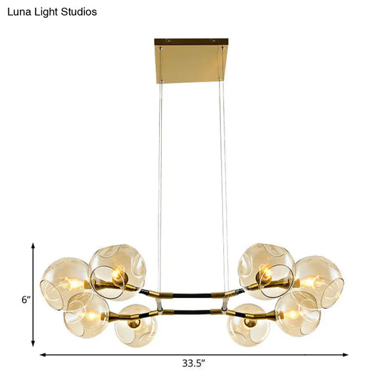 Modern Metal Multi-Light Branch Chandelier Pendant Lamp With Amber Blown Glass Ball Shade