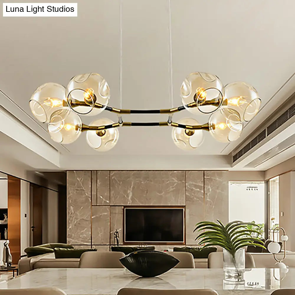 Modern Metal Multi-Light Branch Chandelier Pendant Lamp With Amber Blown Glass Ball Shade Brass