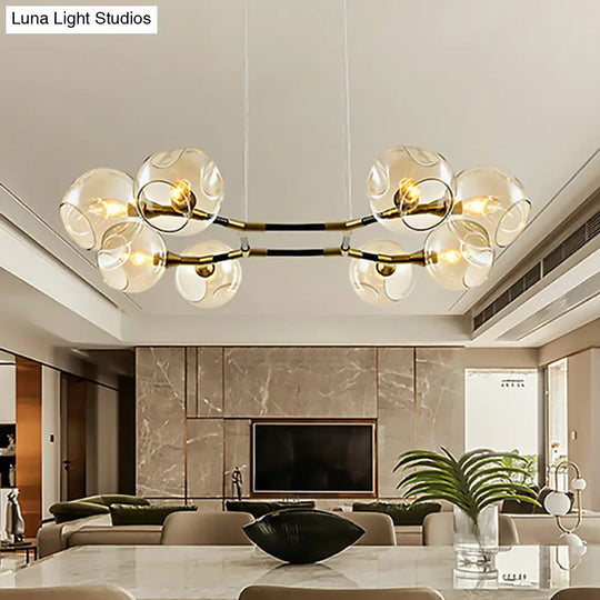 Modern Metal Multi-Light Branch Chandelier Pendant Lamp With Amber Blown Glass Ball Shade Brass