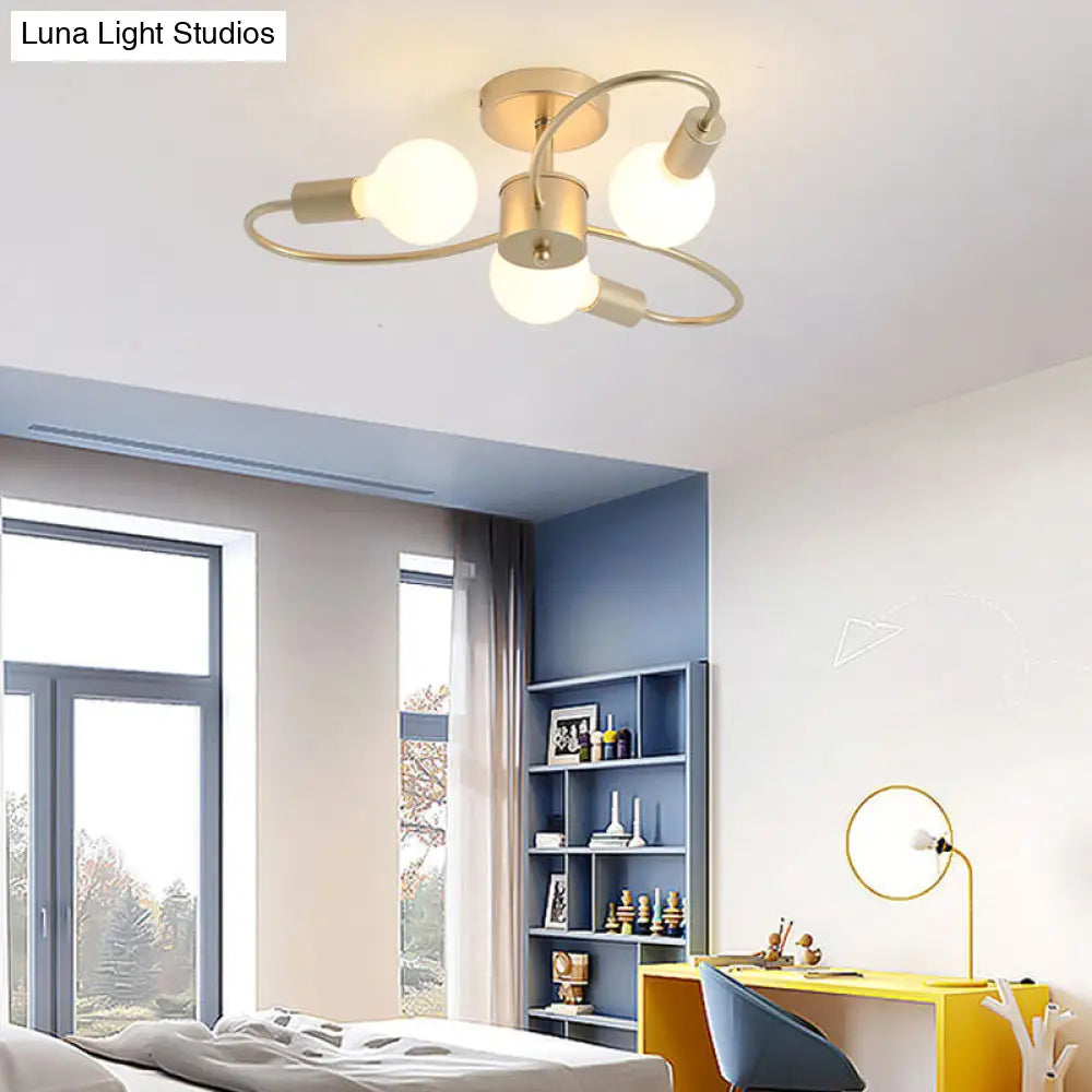 Modern Metal Brass Semi Flush Mount Light For Living Room - Open Bulb Design Ceiling Fixture