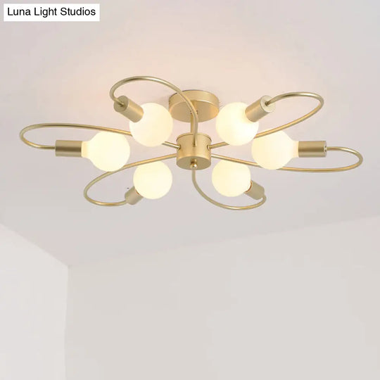 Modern Metal Brass Semi Flush Mount Light For Living Room - Open Bulb Design Ceiling Fixture 6 /
