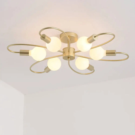 Modern Metal Brass Semi Flush Mount Light For Living Room - Open Bulb Design Ceiling Fixture 6 /