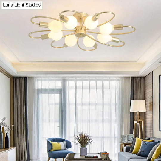 Modern Metal Brass Semi Flush Mount Light For Living Room - Open Bulb Design Ceiling Fixture