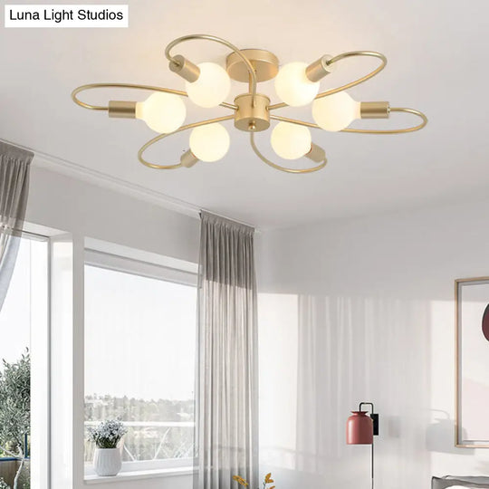 Modern Metal Brass Semi Flush Mount Light For Living Room - Open Bulb Design Ceiling Fixture