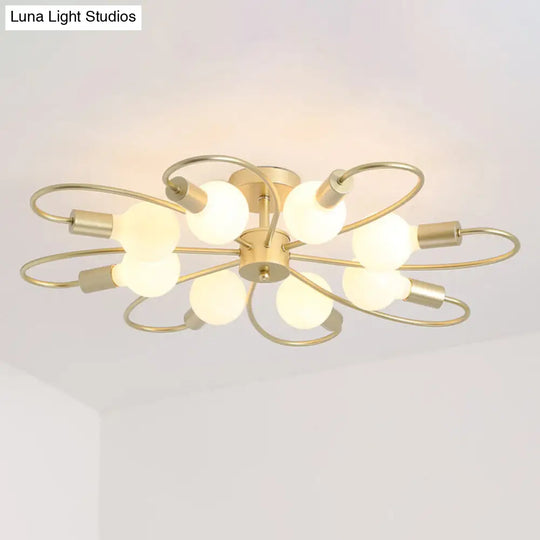 Modern Metal Brass Semi Flush Mount Light For Living Room - Open Bulb Design Ceiling Fixture 8 /
