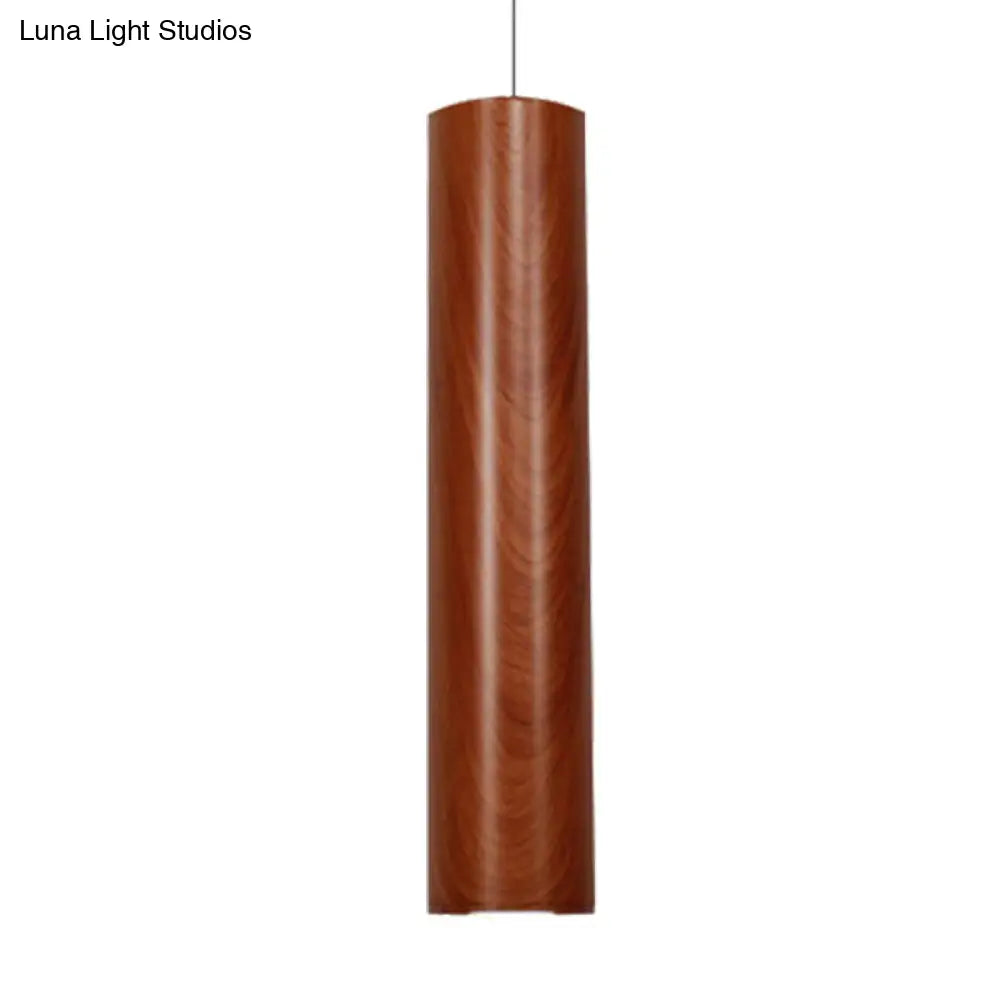 Hyadum I - Modern Cylinder Ceiling Light With Wood Grain Shade Metal Brown Living Room Pendant In