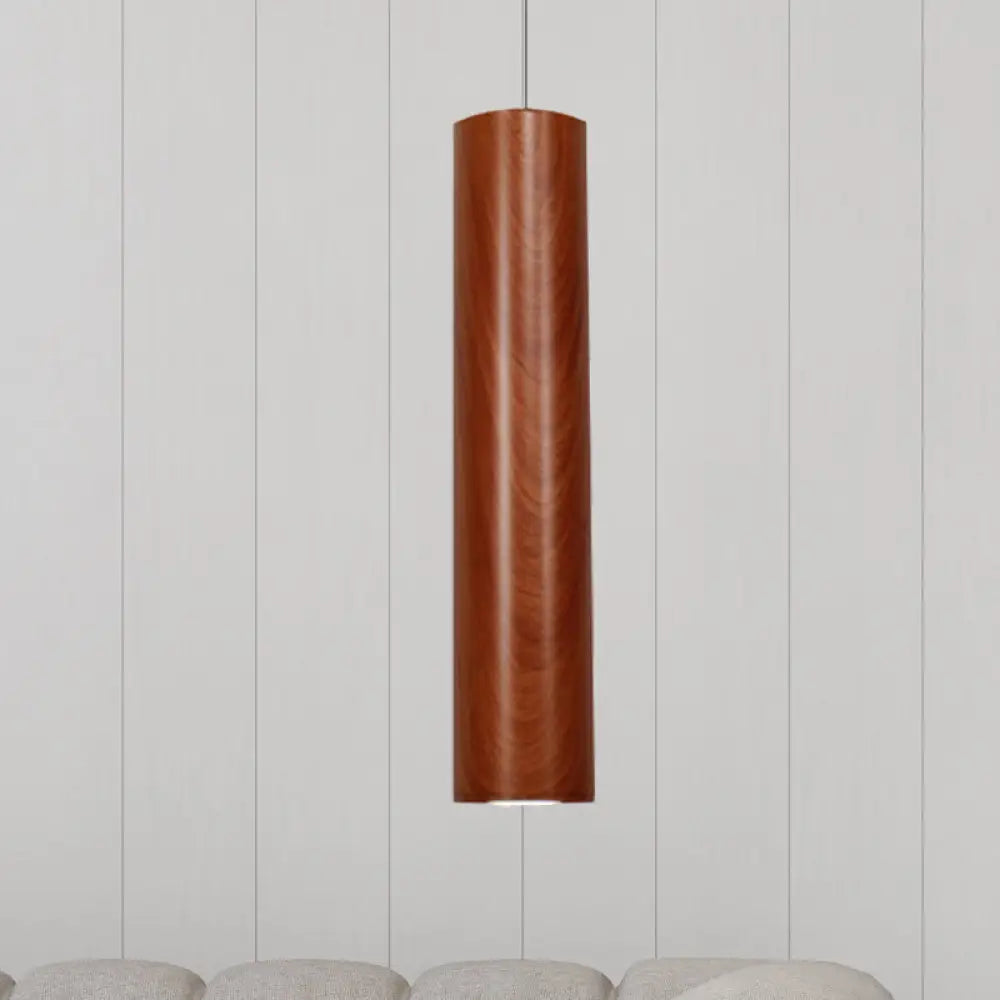 Modern Metal Brown Cylinder Ceiling Light With Wood Grain Shade - Warm/White Pendant For Living