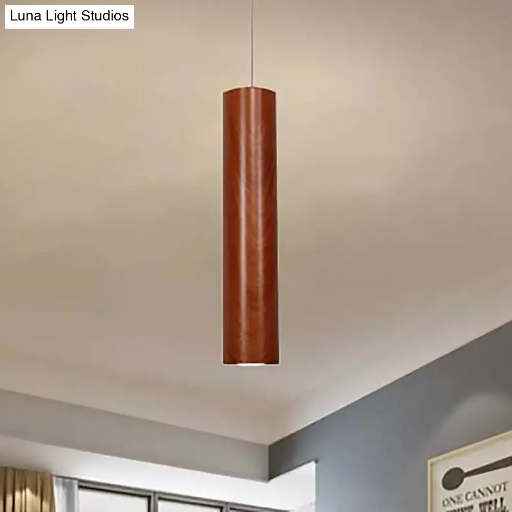 Modern Metal Brown Cylinder Ceiling Light With Wood Grain Shade - Warm/White Pendant For Living