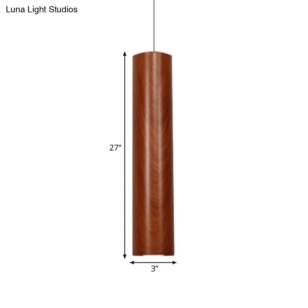 Hyadum I - Modern Cylinder Ceiling Light With Wood Grain Shade Metal Brown Living Room Pendant In