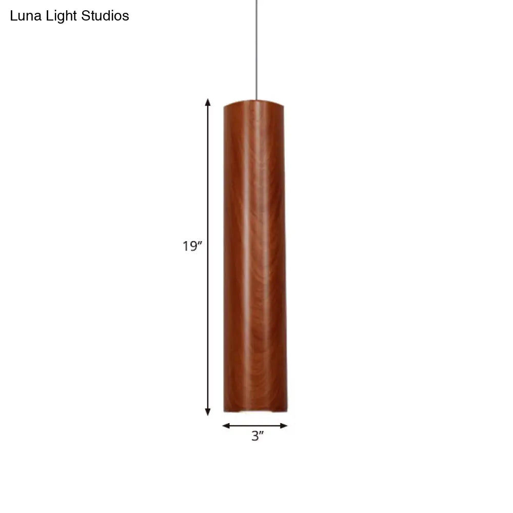 Modern Metal Brown Cylinder Ceiling Light With Wood Grain Shade - Warm/White Pendant For Living