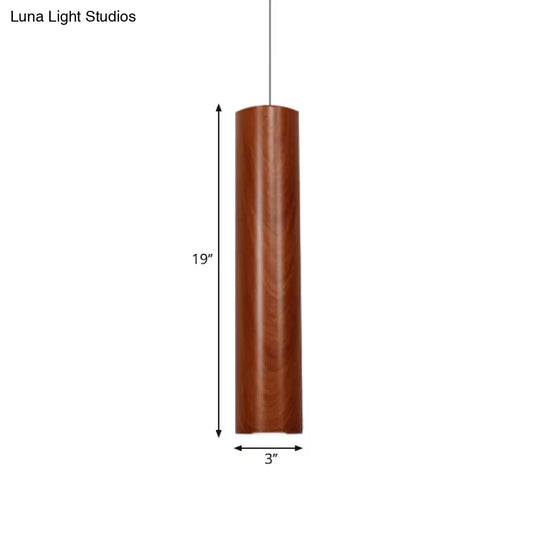 Modern Metal Brown Cylinder Ceiling Light With Wood Grain Shade - Warm/White Pendant For Living