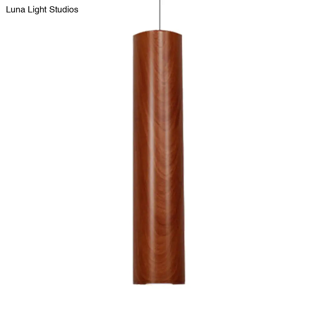 Modern Metal Brown Cylinder Ceiling Light With Wood Grain Shade - Warm/White Pendant For Living