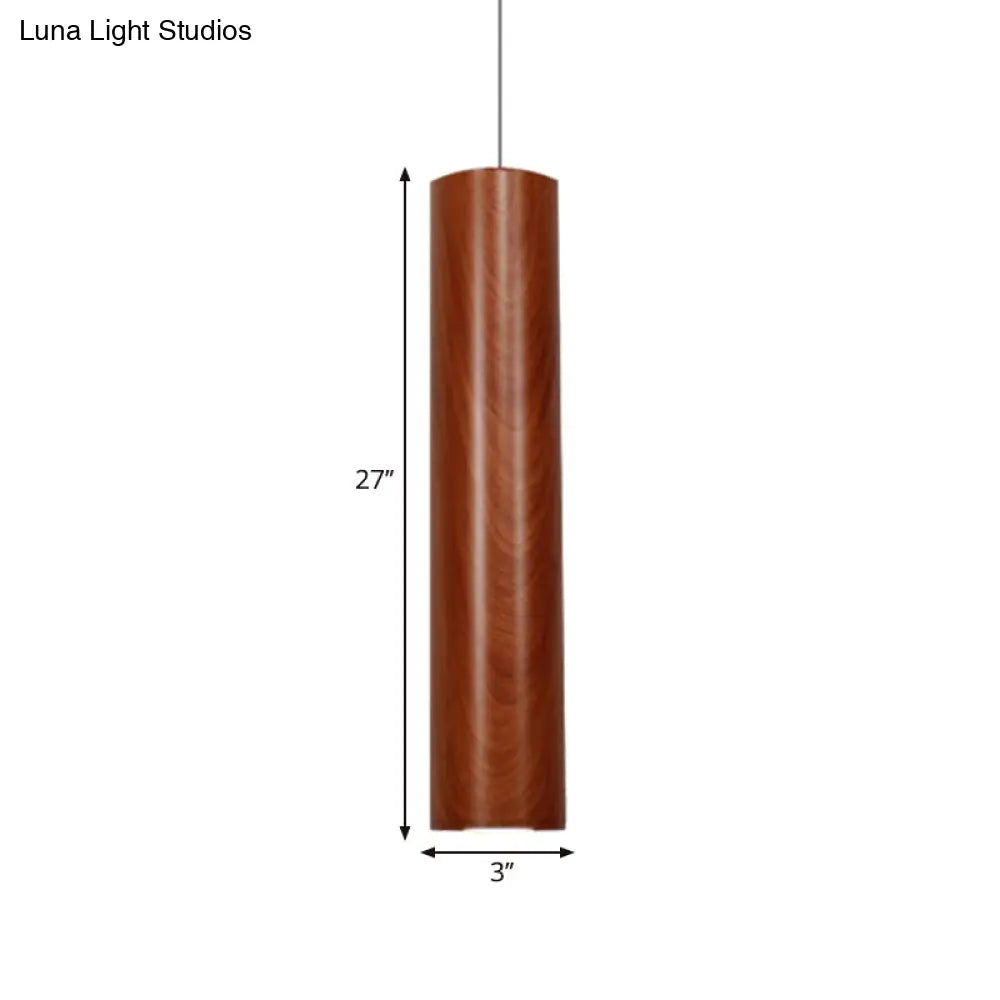 Modern Metal Brown Cylinder Ceiling Light With Wood Grain Shade - Warm/White Pendant For Living