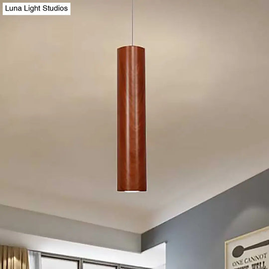 Hyadum I - Modern Cylinder Ceiling Light With Wood Grain Shade Metal Brown Living Room Pendant In