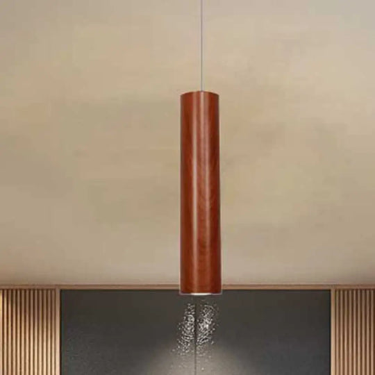 Modern Metal Brown Cylinder Ceiling Light With Wood Grain Shade - Warm/White Pendant For Living