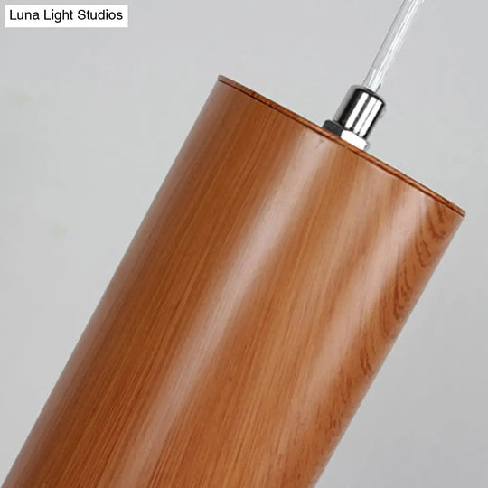 Modern Metal Brown Cylinder Ceiling Light With Wood Grain Shade - Warm/White Pendant For Living