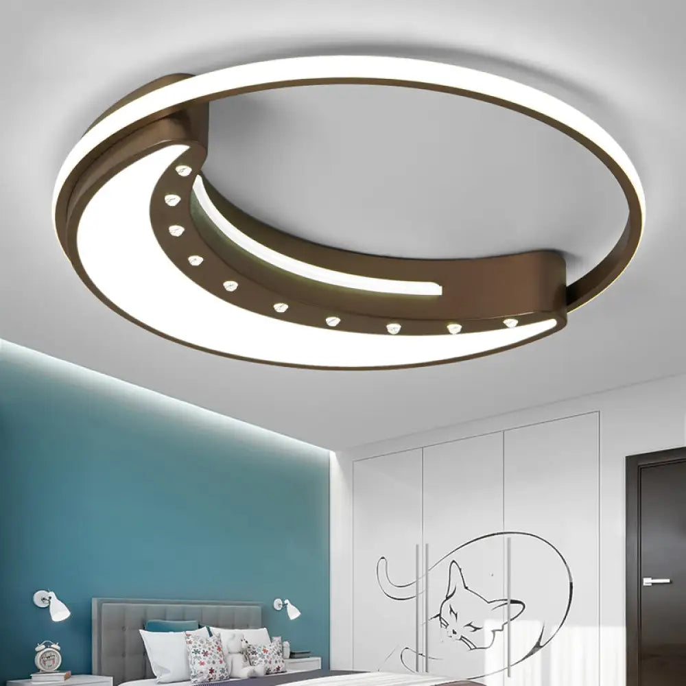 Modern Metal Brown Moon Shaped Ceiling Mounted Fixture With Crystal Accent - Led Flush Mount