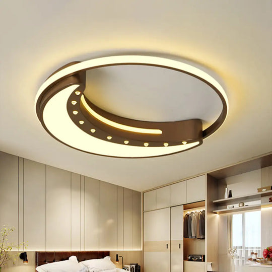 Modern Metal Brown Moon Shaped Ceiling Mounted Fixture With Crystal Accent - Led Flush Mount
