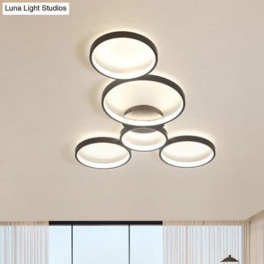 Modern Metal Bubble Rings Flush Mount Led Ceiling Light - 3/4/5-Head Black Surface