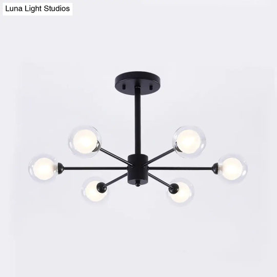 Modern Metal Burst Chandelier Light - 6 Lights Black Clear Glass Shade