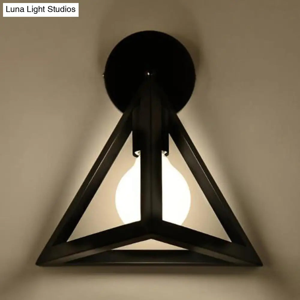 Modern Metal Caged Wall Light With Triangle Shade - Loft Style Bedroom Lamp Black