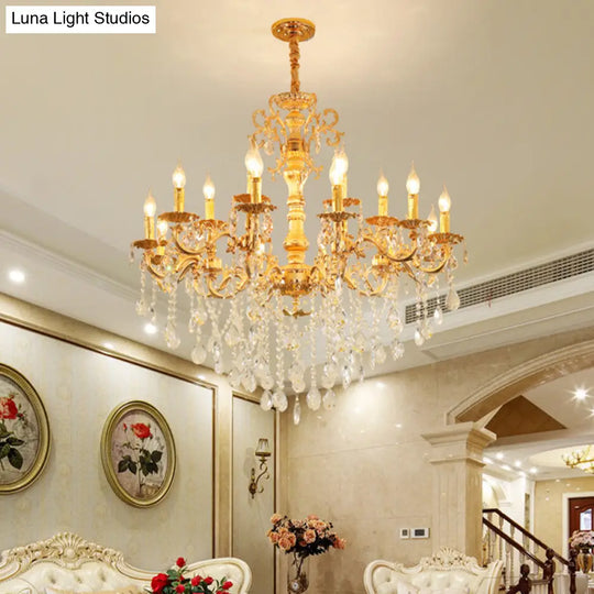 Modern Metal Candle Chandelier: 8/10/12 Light Brass Pendant With Crystal Draping