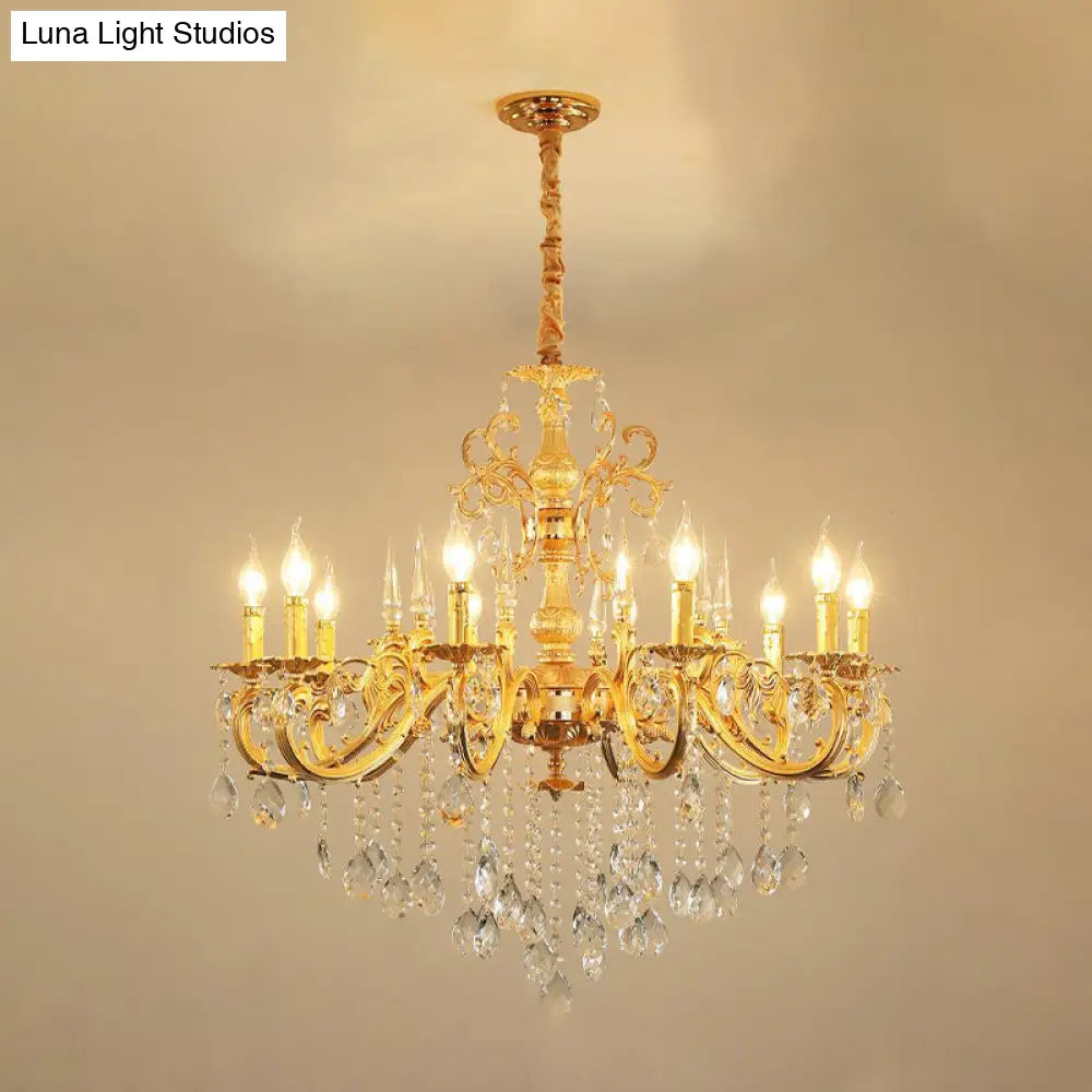 Modern Metal Candle Chandelier: 8/10/12 Light Brass Pendant With Crystal Draping