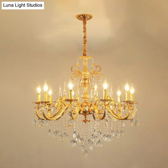 Modern Metal Candle Chandelier: 8/10/12 Light Brass Pendant With Crystal Draping