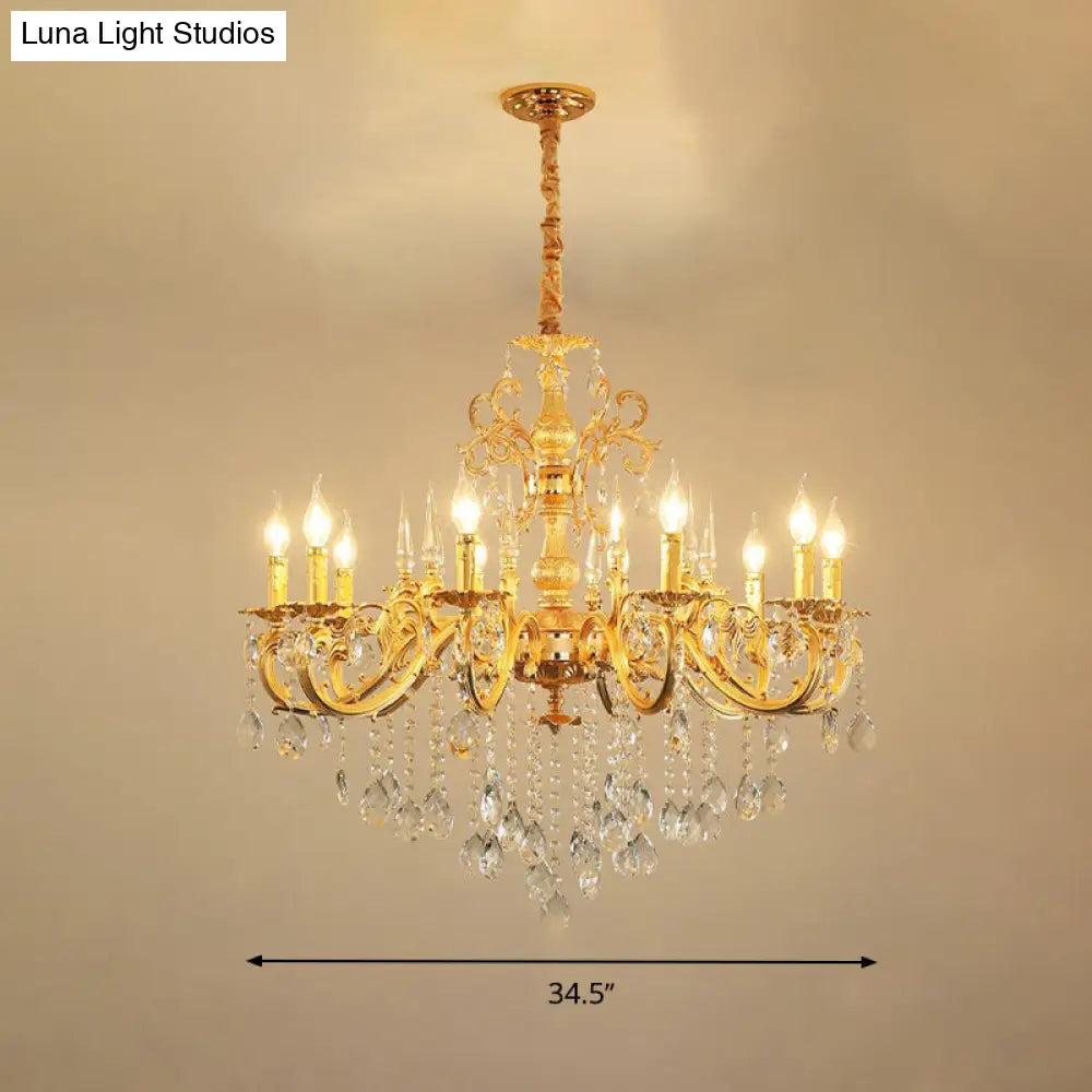 Modern Metal Candle Chandelier: 8/10/12 Light Brass Pendant With Crystal Draping