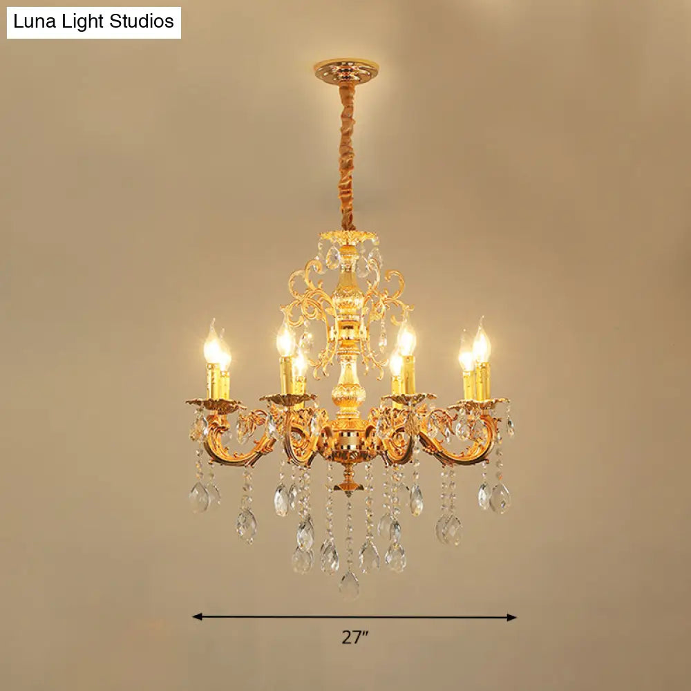 Modern Metal Candle Chandelier: 8/10/12 Light Brass Pendant With Crystal Draping